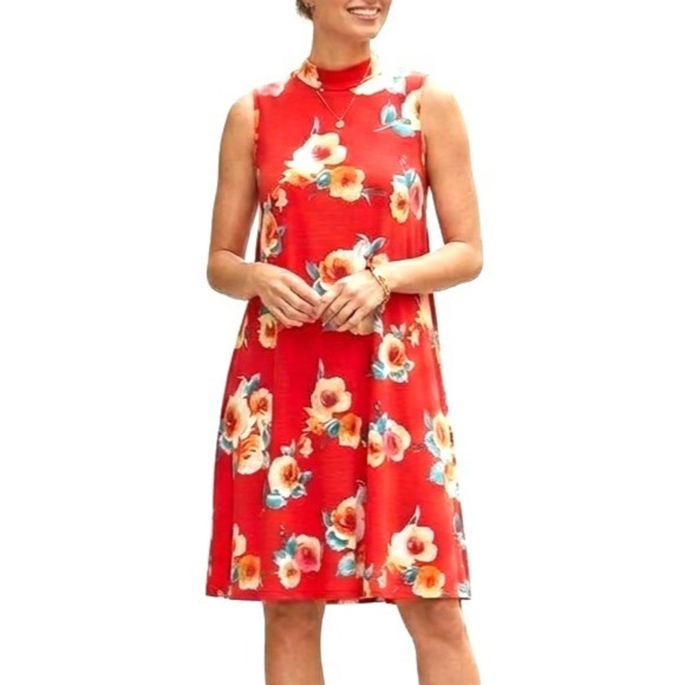PEACH LOVE CA Red/Multi FLORAL Sleeveless MOCK NECK Flowy A-LINE DRESS Sz S